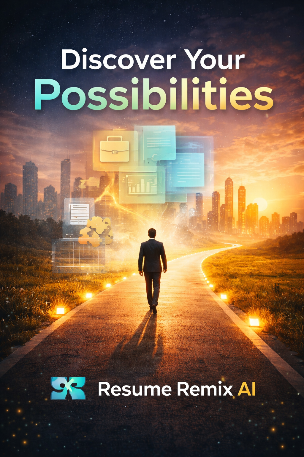 Resume Remix AI artwork — 'Discover Your Possibilities' with a person walking a glowing path toward a city skyline