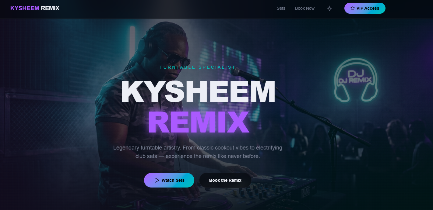 KysheemRemix.live homepage — DJ at the turntables behind the KYSHEEM REMIX wordmark